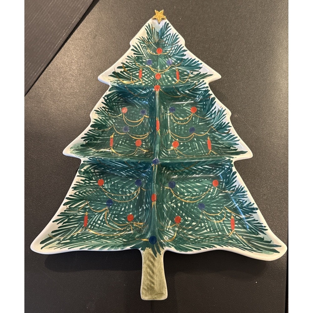Vintage Handpainted Ceramic Christmas Tree Divided Serving Tray Dish Italy‎